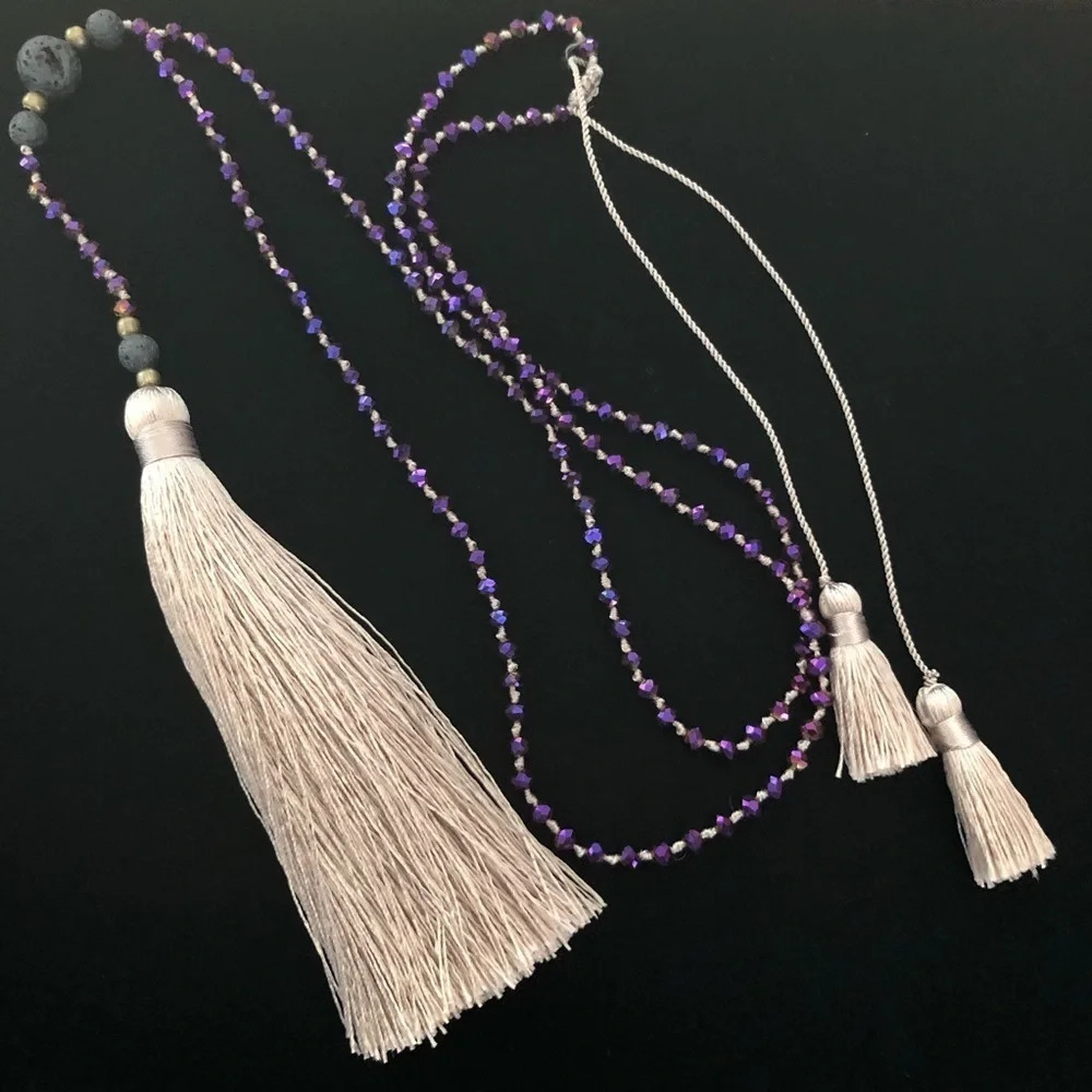 Long‎ Purple Glass Bead Tassel Necklace Gray Boho